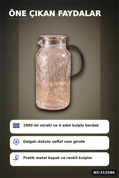 Kulplu 1800 ml Cam Sürahi Ve 350 ml 4 Bardak Seti - 5 Parça Şeffaf BX-313586