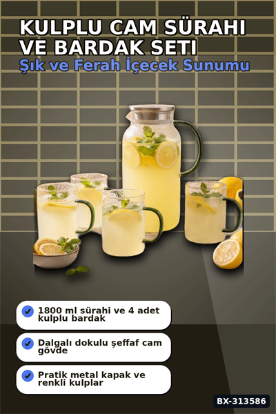Kulplu 1800 ml Cam Sürahi Ve 350 ml 4 Bardak Seti - 5 Parça Şeffaf BX-313586