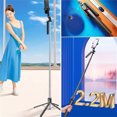 Kumandalı 360 Derece Dönebilen Cep Telefonu Ve Kamera Tripodu 2.2m Uzayabilen Selfie Çubuğu