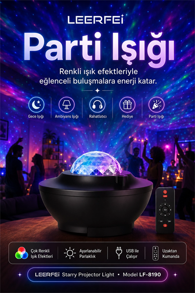 Kumandalı Galaksi Yıldız Projektör Gece Lambası FM Radyolu Parti Işığı Özellikli
