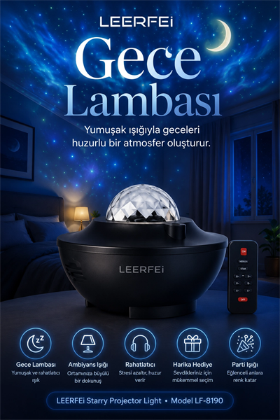 Kumandalı Galaksi Yıldız Projektör Gece Lambası FM Radyolu Parti Işığı Özellikli