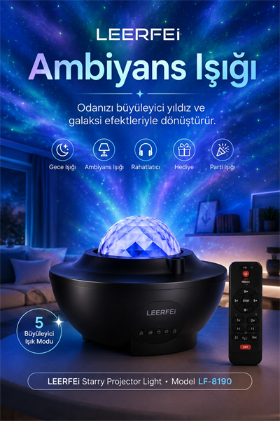Kumandalı Galaksi Yıldız Projektör Gece Lambası FM Radyolu Parti Işığı Özellikli
