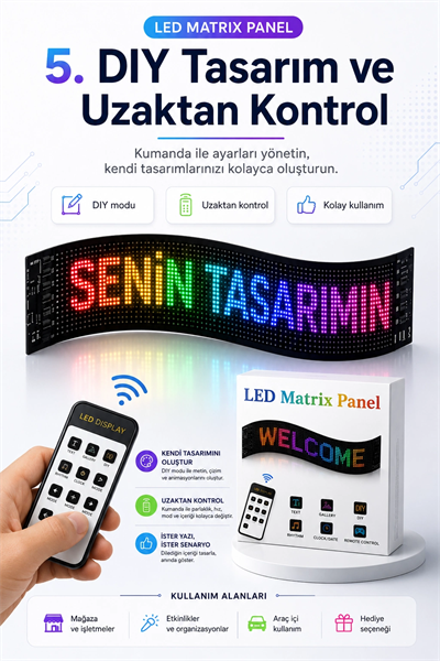 Kumandalı LED Matrix Panel Kayan Yazı Tabelası Renkli Mesaj Ve Saat Gösterimli