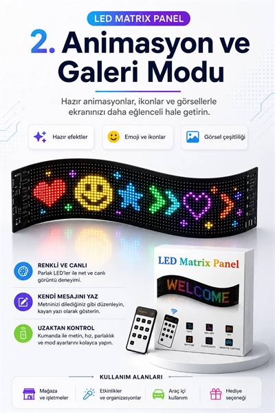 Kumandalı LED Matrix Panel Kayan Yazı Tabelası Renkli Mesaj Ve Saat Gösterimli