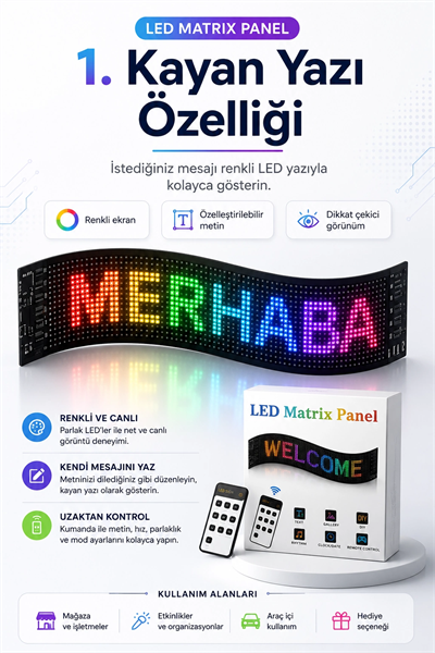 Kumandalı LED Matrix Panel Kayan Yazı Tabelası Renkli Mesaj Ve Saat Gösterimli