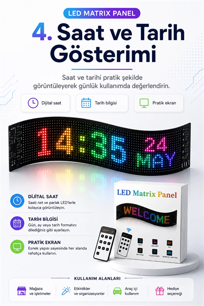 Kumandalı LED Matrix Panel Kayan Yazı Tabelası Renkli Mesaj Ve Saat Gösterimli
