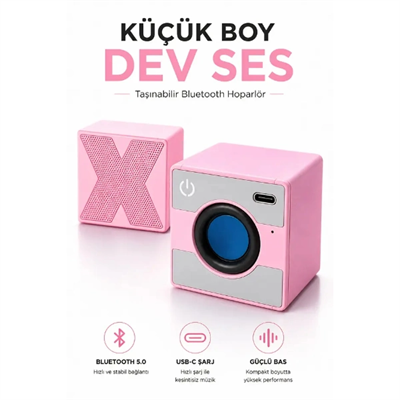 Mini Taşınabilir Hoparlör - Type C (USB-C) Şarj - Güçlü Bass - Küp Tasarım