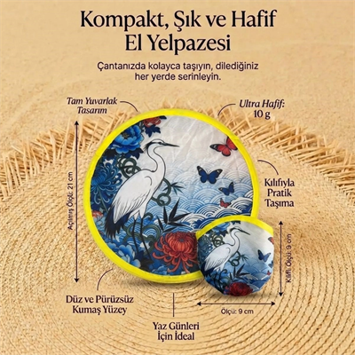 Kuş Ve Kelebek Desenli Katlanabilir Cep Yelpazesi - Japon Stili Kılıflı El Yelpazesi Bx40
