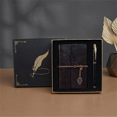 Kutulu Deri Defter ve Metal Roller Kalem Seti - Yaprak Desenli - Baskıya Uygun
