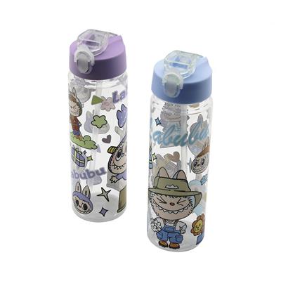 LABUBU ÇOCUK ÇİZGİ FİLM KARAKTER RESİMLİ SU MATARASI ŞEFFAF PLASTİK PİPETLİ KİLİTLİ KAPAK (3936)