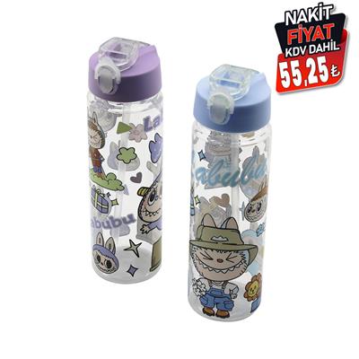 LABUBU ÇOCUK ÇİZGİ FİLM KARAKTER RESİMLİ SU MATARASI ŞEFFAF PLASTİK PİPETLİ KİLİTLİ KAPAK (3936)