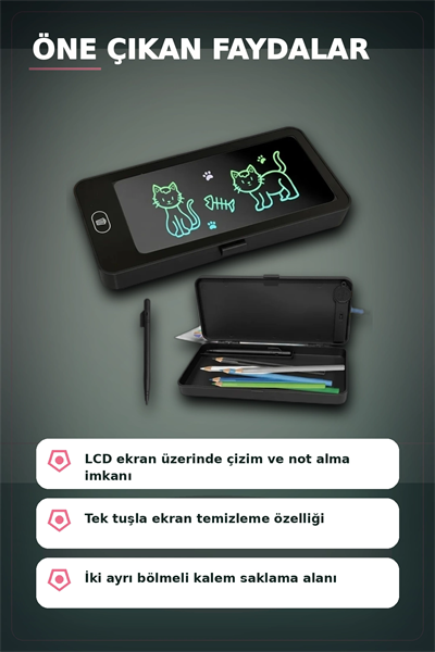 LCD Dokunmatik Çizim Kalemliği Siyah - 2 Bölmeli Kalemlik, Eğitici Çocuk Oyuncak BX-313442