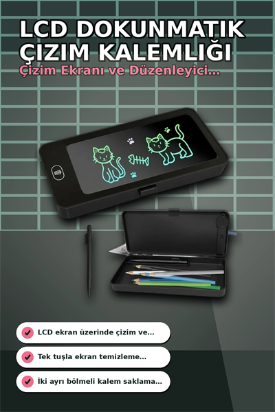 LCD Dokunmatik Çizim Kalemliği Siyah - 2 Bölmeli Kalemlik, Eğitici Çocuk Oyuncak BX-313442