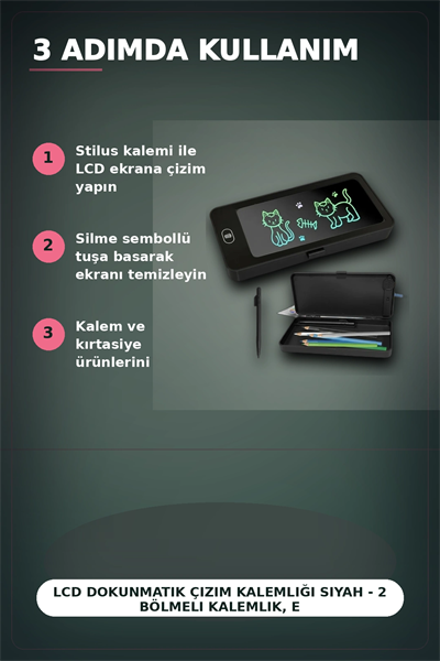 LCD Dokunmatik Çizim Kalemliği Siyah - 2 Bölmeli Kalemlik, Eğitici Çocuk Oyuncak BX-313442