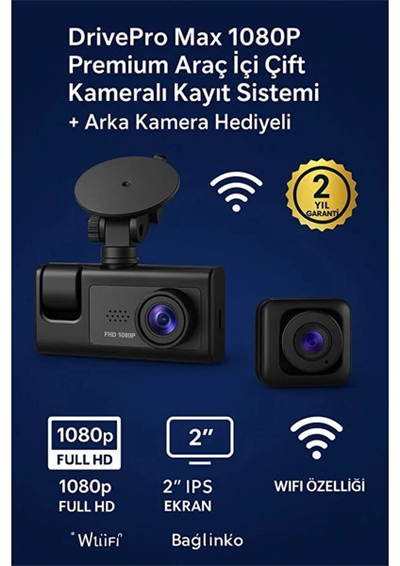 LCD Ekranlı 1080p 3 Kameralı Araç İçi Kamera Geri Görüş Destekli Gece Görüşlü G Sensörlü