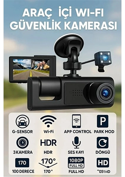 LCD Ekranlı 1080p 3 Kameralı Araç İçi Kamera Geri Görüş Destekli Gece Görüşlü G Sensörlü