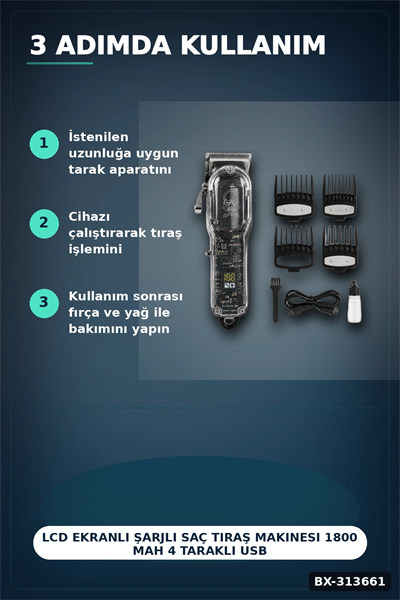 LCD Ekranlı Şarjlı Saç Tıraş Makinesi 1800 mAh 4 Taraklı USB Şarj Güçlü Motor Kesme Aleti BX-313661