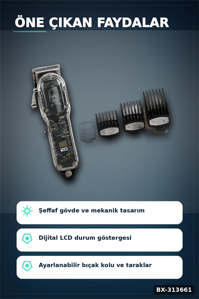LCD Ekranlı Şarjlı Saç Tıraş Makinesi 1800 mAh 4 Taraklı USB Şarj Güçlü Motor Kesme Aleti BX-313661