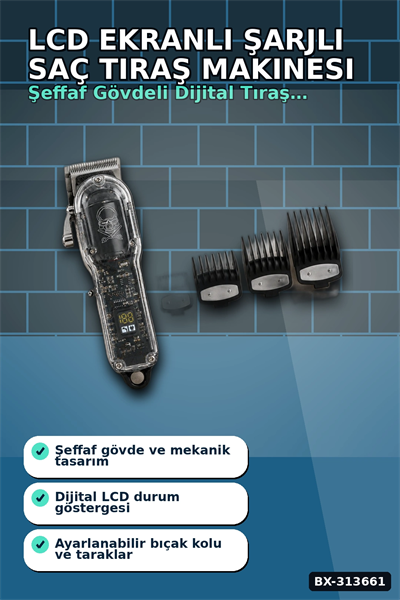 LCD Ekranlı Şarjlı Saç Tıraş Makinesi 1800 mAh 4 Taraklı USB Şarj Güçlü Motor Kesme Aleti BX-313661