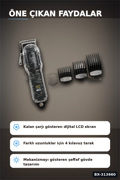 LCD Ekranlı USB Şarjlı Saç Kesme Makinesi 4 Tarak Profesyonel Erkek Tıraş Makinesi BX-313660