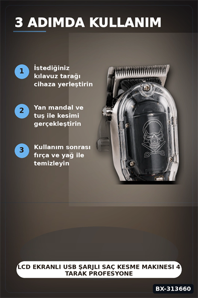 LCD Ekranlı USB Şarjlı Saç Kesme Makinesi 4 Tarak Profesyonel Erkek Tıraş Makinesi BX-313660