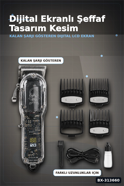 LCD Ekranlı USB Şarjlı Saç Kesme Makinesi 4 Tarak Profesyonel Erkek Tıraş Makinesi BX-313660