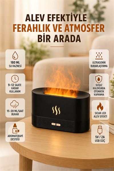 LED Alev Efektli Hava Nemlendirici 9 12 Saat Kullanımlı Aroma Difüzörü