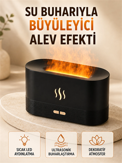 LED Alev Efektli Hava Nemlendirici 9 12 Saat Kullanımlı Aroma Difüzörü