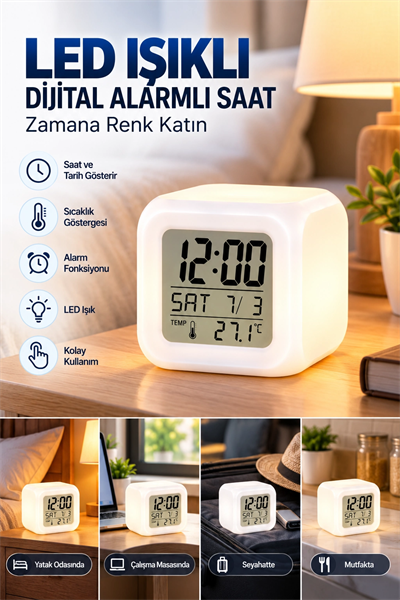 LED Aydınlatmalı Küp Saat Dijital Alarm Tarih ve Sıcaklık Göstergeli