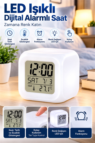 LED Aydınlatmalı Küp Saat Dijital Alarm Tarih ve Sıcaklık Göstergeli