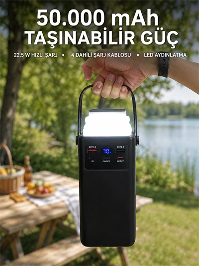 LED Aydınlatmalı Powerbank 50.000 mAh 22,5 W Hızlı Şarj 4 Dahili Kablolu Dijital Pil Göstergeli Batarya