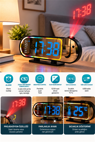 LED Dijital Masa Saati Şık Tasarım Alarm Özelliği Parlaklık Ayarı Sıcaklık ve 12 24 Saat Gösterimi