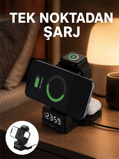 LED Dijital Saatli Kablosuz Şarj Cihazı – 3 Parlaklık Ayarlı, Şarj Koruma Teknolojili Yeni Nesil