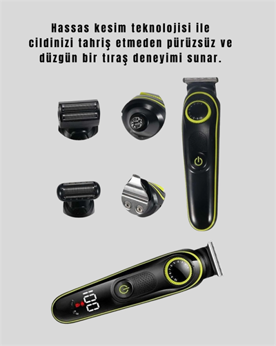LED Ekranlı Şarjlı Saç ve Sakal Kesme Makinesi Erkek Bakım Cihazı Çok Başlıklı Set