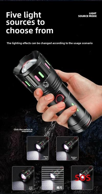 LED El Feneri 2000 Lümen USB Şarj Edilebilir Flash Işığı Yüksek Güçlü El Feneri Taktiksel Uzun Menzil El Lambası XA-B707 (3936)