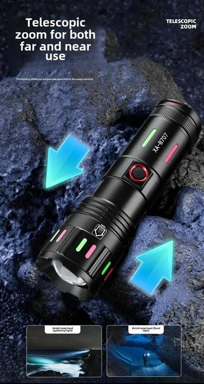 LED El Feneri 2000 Lümen USB Şarj Edilebilir Flash Işığı Yüksek Güçlü El Feneri Taktiksel Uzun Menzil El Lambası XA-B707 (3936)