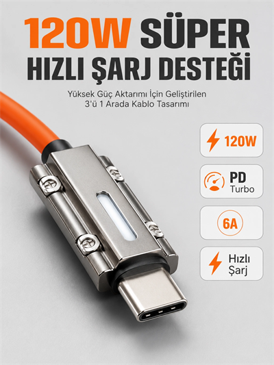 LED Göstergeli 120W PD Turbo Destekli Premium 3ü 1 Arada Şarj Kablosu