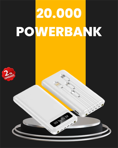 LED Işıklı 20.000mAh Powerbank LCD Gösterge Dahili Çoklu Kablo