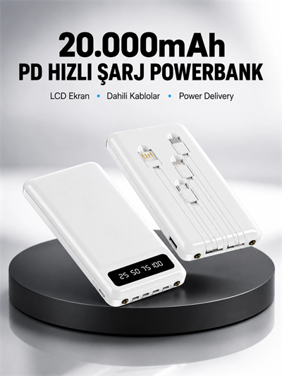 LED Işıklı 20.000mAh Powerbank LCD Gösterge Dahili Çoklu Kablo Yeni Nesil