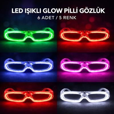LED Işıklı Glow Pilli Parti Gözlüğü - Glow Efektli 6 Adet 5 Renk (3936)