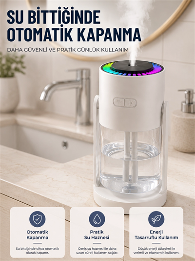 LED Işıklı Hava Nemlendirme Cihazı Şeffaf Su Hazneli Sessiz Masaüstü Nemlendirici