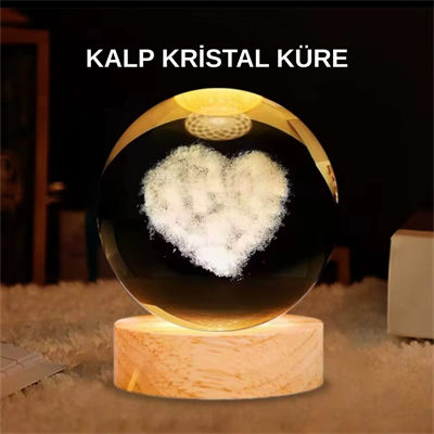 LED Işıklı Kalp Desenli Cam Küre Büyük Boy Ahşap Tabanlı
