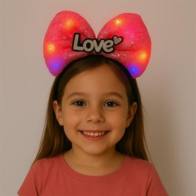 LED Işıklı Love Yazılı Fuşya Fiyonk Taç – Kız Çocuk Parti Tacı (3936)