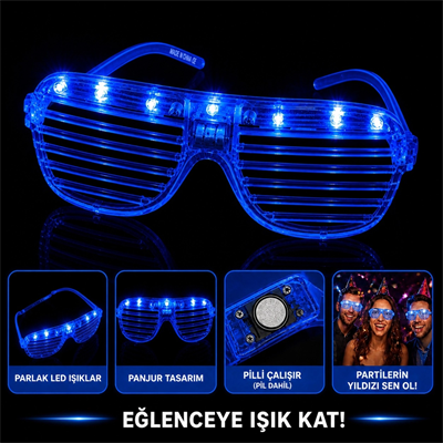 LED Işıklı Panjur Parti Gözlüğü Mavi Renk Shutter Gözlük