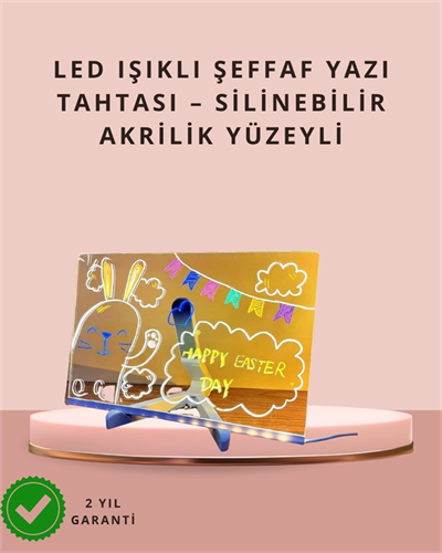 LED Işıklı Şeffaf Yazı Tahtası – Neon Etkili Akrilik Pano, Silinebilir, 7 Renkli Kalemli, 30x20 cm