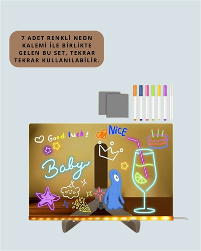 LED Işıklı Şeffaf Yazı Tahtası – Neon Etkili Akrilik Pano, Silinebilir, 7 Renkli Kalemli, 30x20 cm