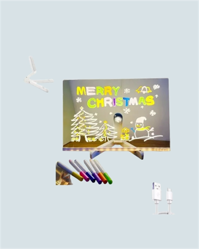 LED Işıklı Şeffaf Yazı Tahtası – Neon Etkili Akrilik Pano, Silinebilir, 7 Renkli Kalemli, 30x20 cm