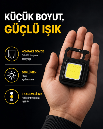 LED Mini Anahtarlık Fener – 1000 Lümen Güçlü Işık ve USB Type-C Şarjlı Yeni Nesil