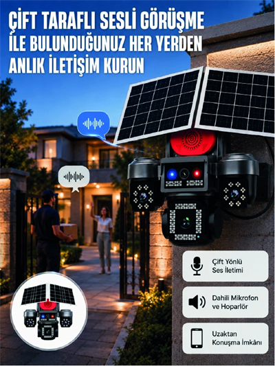 LED Projektörlü Sirenli Güneş Enerjili Akıllı Güvenlik Kamerası