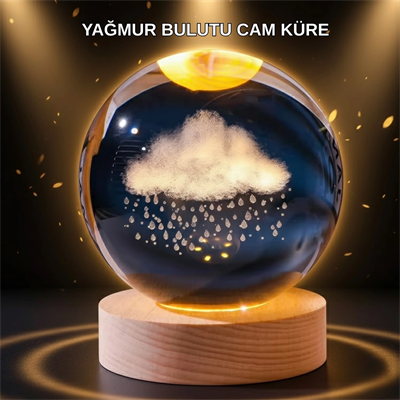 LED Sıcak Işıklı 3D Bulut Figürlü Kristal Küre Ahşap Standlı Gece Lambası